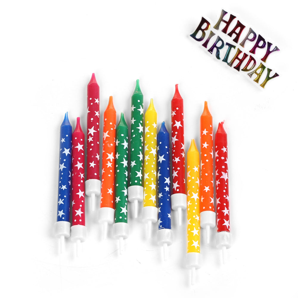 נרות צבעונים עם שלט לעוגה "HAPPY BIRTHDAY"