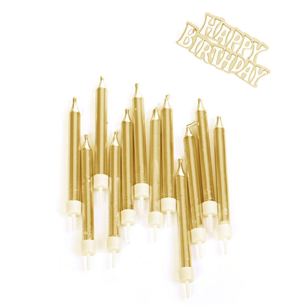 נרות זהב עם שלט לעוגה "HAPPY BIRTHDAY"