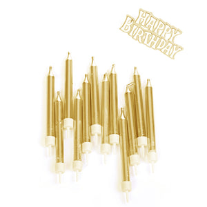 נרות זהב עם שלט לעוגה "HAPPY BIRTHDAY"