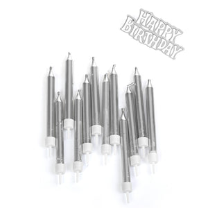 נרות כסף עם שלט לעוגה "HAPPY BIRTHDAY"