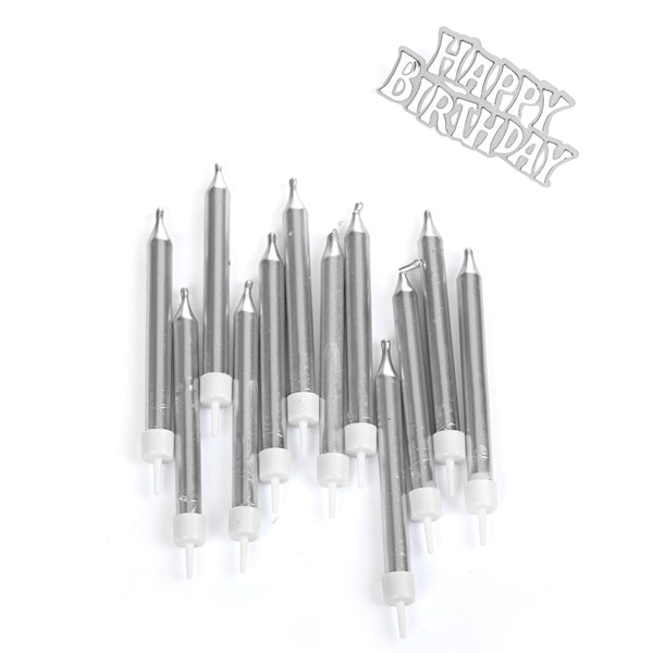נרות כסף עם שלט לעוגה "HAPPY BIRTHDAY"