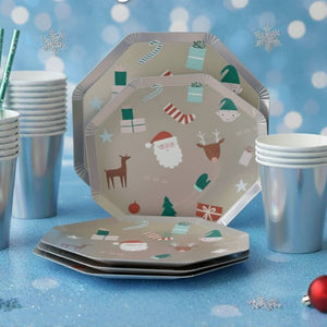 צלחות נייר גדולות כסופות לקריסמס