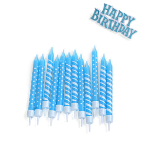 נרות תכלת עם שלט לעוגה "HAPPY BIRTHDAY"