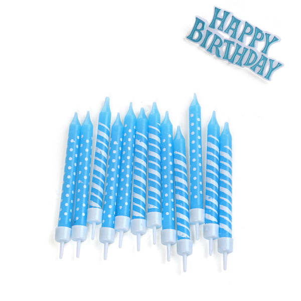 נרות תכלת עם שלט לעוגה "HAPPY BIRTHDAY"