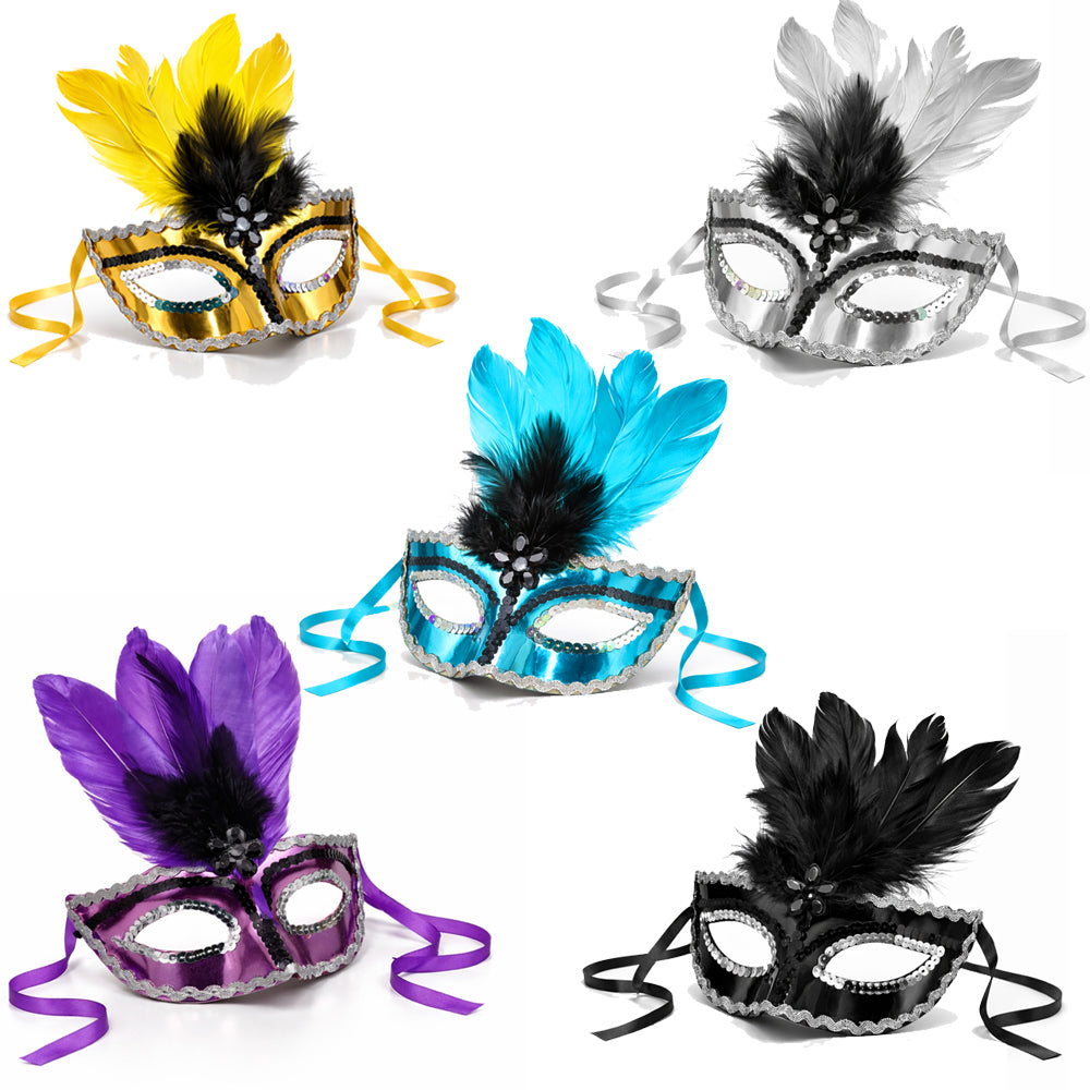 מסכות בצבע מטאלי עם נוצה