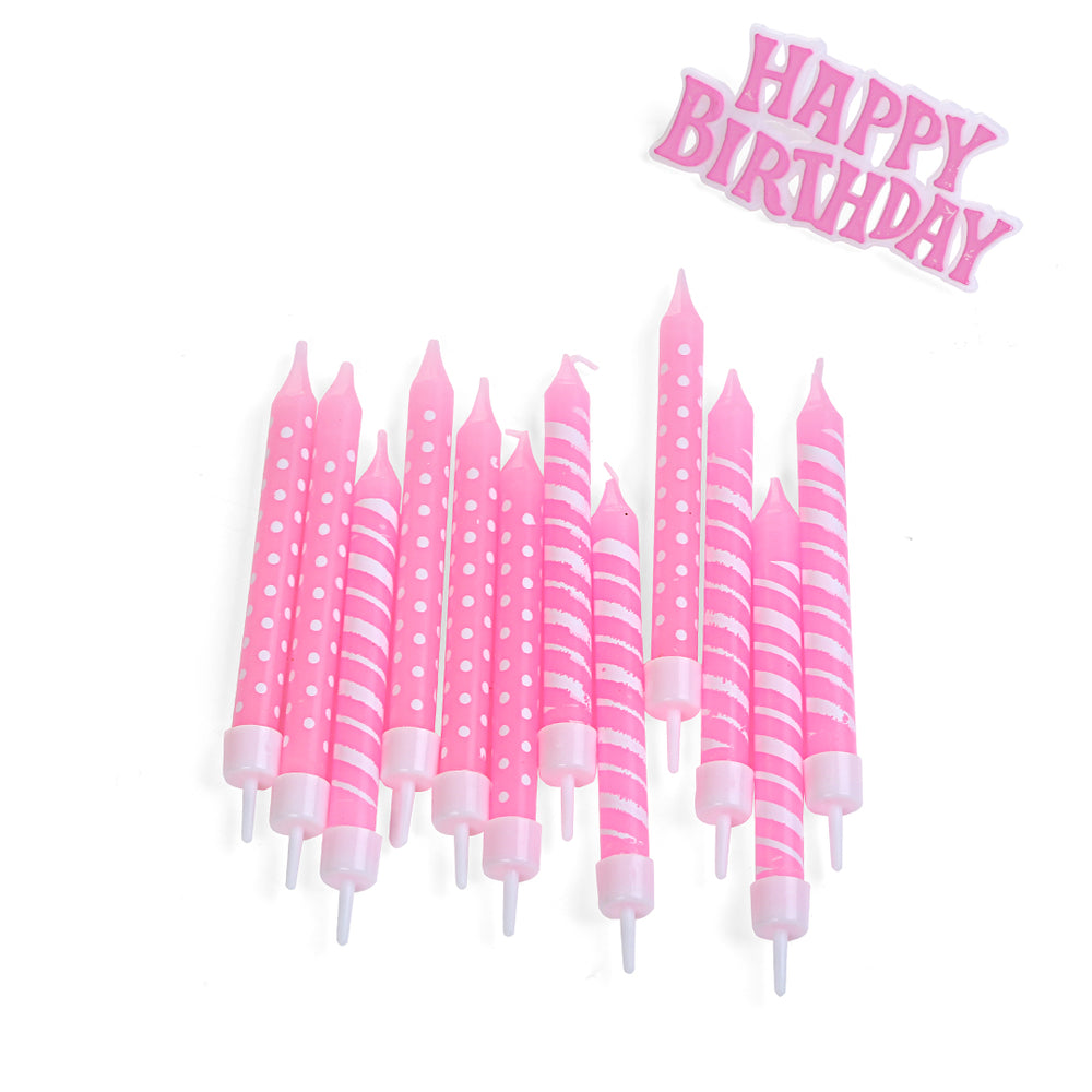 נרות ורודים עם שלט לעוגה "HAPPY BIRTHDAY"