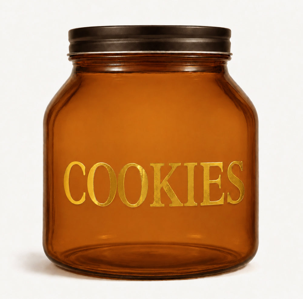 צנצנת זכוכית עם כיתוב בזהב COOKIES