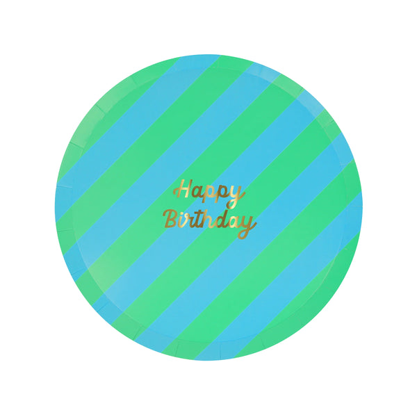 צלחות נייר ליום הולדת – פסים צבעוניים + Happy Birthday בזהב meri meri