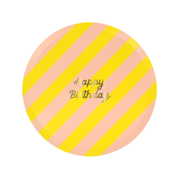 צלחות נייר ליום הולדת – פסים צבעוניים + Happy Birthday בזהב meri meri