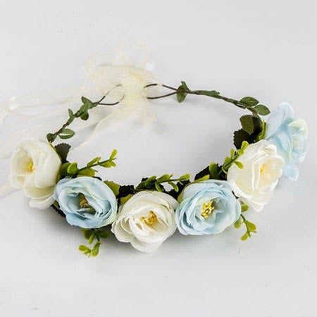 זר פרחים לראש תכלת לבן