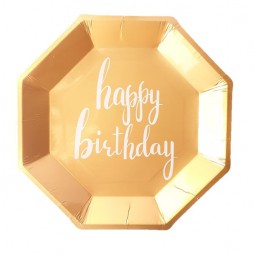 צלחות נייר מתומן רוז גולד- happy birthday 