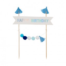 קייק טופר happy birthday פונפונים- כחול