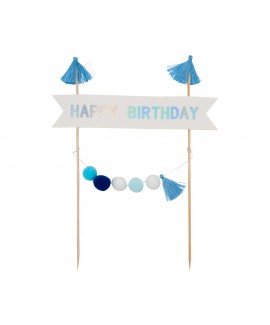 קייק טופר happy birthday פונפונים- כחול